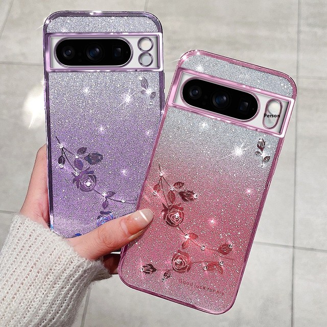 HIgh Quality Glitter Gradient Electroplated Rhinestone Floral Design Phone Case for Google Pixel 10 Pro XL 9 Pro 8A 7A 6A