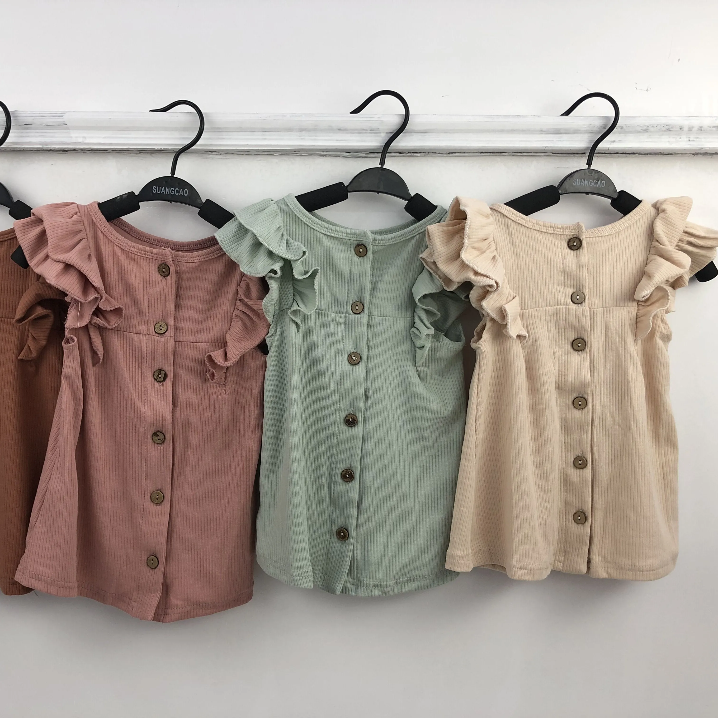 Vintage Ribbed Baby Girls Dress Back Buttons Flutter Sleeveless Toddler T Shirts Dress