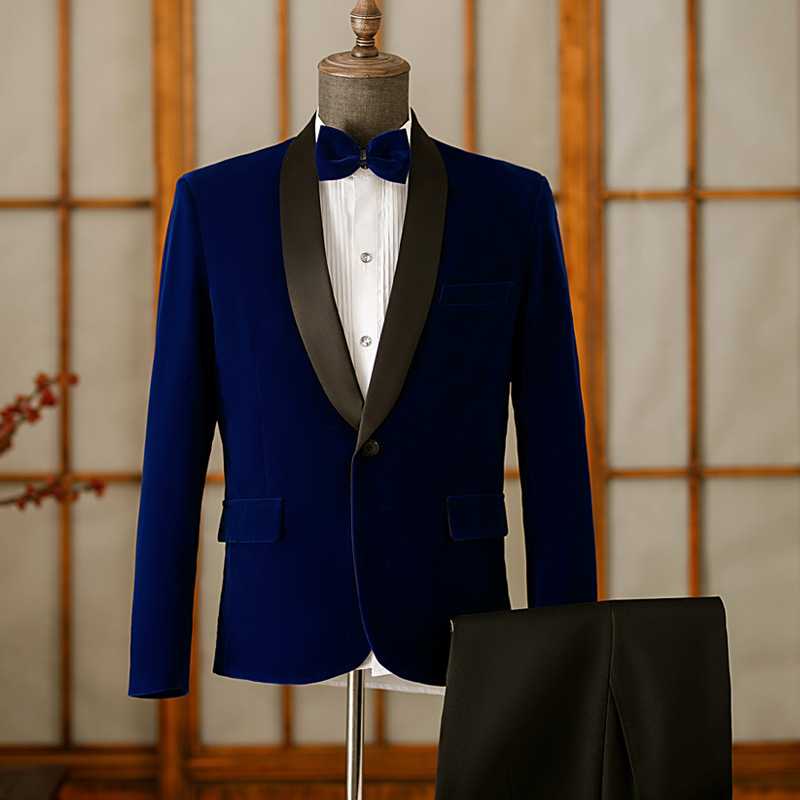 Blu scuro [giacca + pantaloni neri + papillon + fazzoletto]