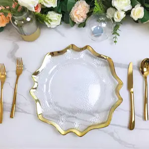 Wholesale Dinner Plastic Charger Plates Transparent Floral Plate with Decorative Gold Rim for Party Wedding