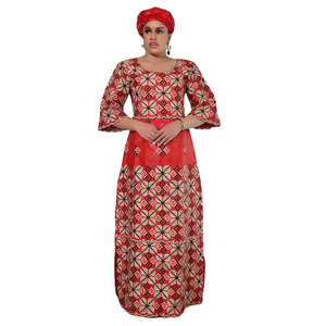 H&D BJL103 Vêtements africains pour femmes Broderie <span class=keywords><strong>Bazin</strong></span> Riche Robes décontractées <span class=keywords><strong>Robe</strong></span> <span class=keywords><strong>rouge</strong></span> avec foulard - Product Image 2