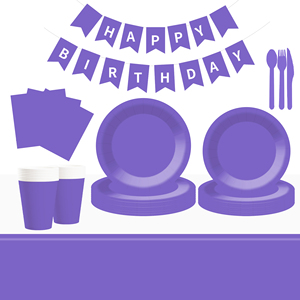 DAMAI – Ensemble de vaisselle jetable en papier violet uni pour fêtes, assiettes de 7 et 9 pouces, gobelets en papier, couverts et serviettes - Product Image 1