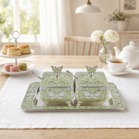 Pot à sucre importé au design papillon, inspiré du pot à sucre royal, avec plateau ovale, artisanat indien, boîte de mariage, pour sucre et épices, avec cuillère