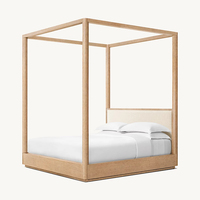 Lit mural français RH CORTA King Size Cadre en bois massif à quatre affiches Tête de lit rembourrée beige Design en lin blanc de luxe