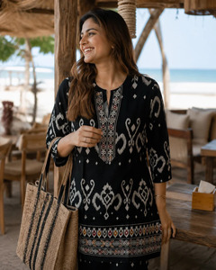 Ensemble coordonné en rayonne imprimé numérique de qualité supérieure pour femme, col en V, doux, léger, infroissable, séchage rapide, idéal pour les vacances d'été - Product Image 2