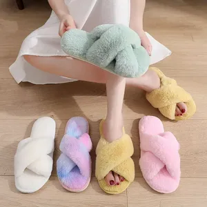 Custom Cozy Fluffy Home Slippers Plush Ladies Slippers Faux Fur Fancy Fashion Fur Slippers For Women