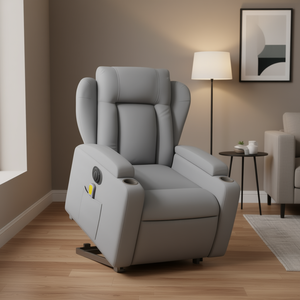 Sillón reclinable eléctrico para masaje, cuero sintético gris claro, control remoto, estructura metálica, diseño contemporáneo - Product Image 2