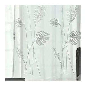 Tissu de filet de rideau de feuille blanche stock prêt tissus de rideaux de dentelle de broderie transparente à shaoxing