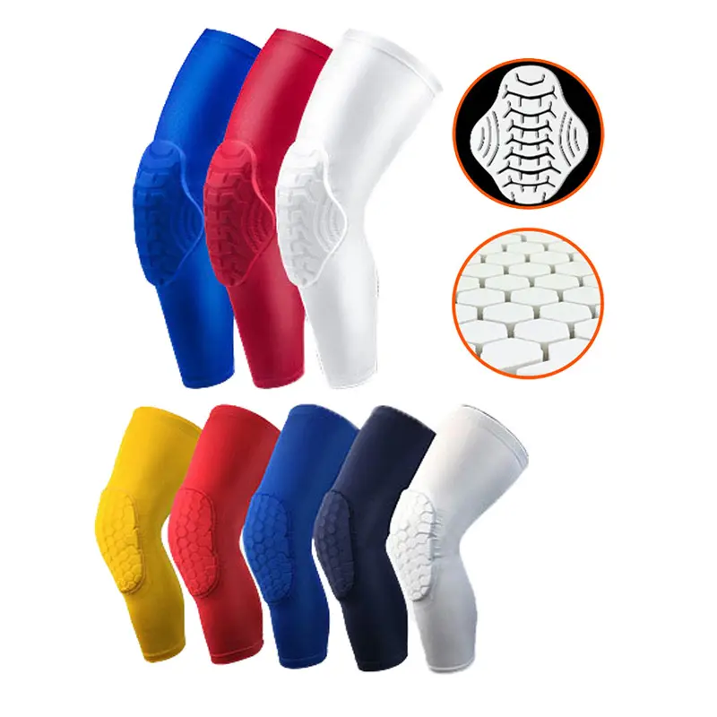 Youth high elastic anti-collision long compression leg brace breathable hex honeycomb knee pads sleeves