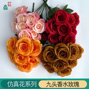 Rosas aromáticas de nueve cabezas de 40 cm, flores de seda naranja, decoración para bodas y hogar, ramo de rosas artificiales - Product Image 3