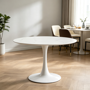 Elegante Mesa de Comedor Redonda de Piedra Sinterizada, Tablero con Aspecto de Mármol Blanco, Base de Pedestal Tipo Tulipán, Muebles de Comedor para Cocina y Restaurante - Product Image 2
