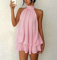 WY507001 Nouvelle Robe Courte Femme Tendance 2026 pour Vacances, Coupe Ajustée, Sexy, Dos Nu, Col Halter, Taille Nouée, Jupe Courte Bouffante