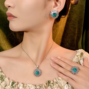 Joyería de Moda Ecológica, Chapada en Plata sobre Cobre, con Circonita Verde de 14-10mm, Collar y Aretes con Diseño de Flor, Juego de 3 Piezas con Anillo para Boda o Fiesta - Product Image 2