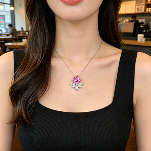 Cushion Cut Lab Pink Sapphire Floral Halo Sterling Silver Necklace Jewelry <b>Gift</b>-V - Product Image 3