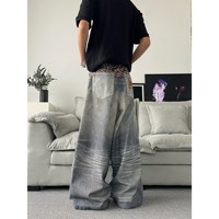 Pantalon en jean pour homme, style hip-hop, coupe large, double taille, imprimé léopard, patchwork, imprimé 3D, tendance, original et de niche, vente en gros