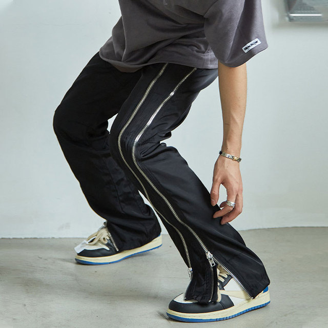 Wholesale Custom logo Solid Color Full Zipper Open Pants Men's Cotton Drawstring Sweatpants Straight Loose Pants
