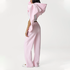 Ensemble de survêtement personnalisé pour femme avec logo, en mélange de coton brossé, comprenant un sweat à capuche court et un pantalon de survêtement ample taille haute, assorti - Product Image 3