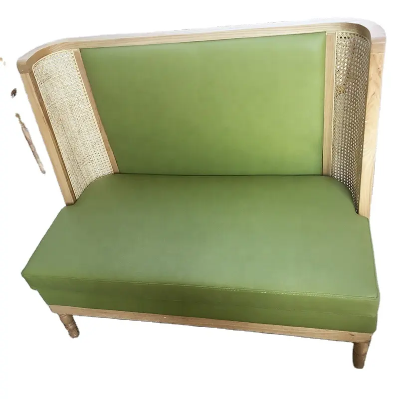 Cafe Restaurant Nordic 2 Seater Wooden Cane Leather Booth Sofa