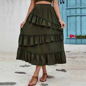 Vente en gros de vêtements pour femmes de haute qualité personnalisables : Nouvelle jupe longue plissée mi-longue à taille haute, style bustier, à volants, élégante - Product Image 1