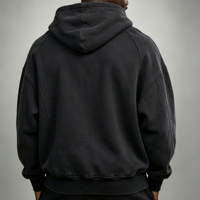 Sweat à capuche épais 420 g/m² en molleton bouclette, noir délavé, style streetwear, avec motif, épaules tombantes, coupe oversize pour homme