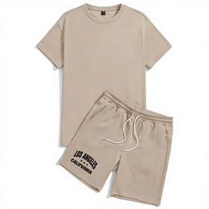 Ensemble T-shirt et short pour homme en coton beige à séchage rapide 240 g/m², imprimé numérique, avec short à cordon de serrage, motif Los Angeles, tenue décontractée d'été - Product Image 4
