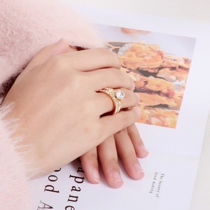 High Quality Stainless Steel Gold Plated Double Row Diamond Titanium Steel Wedding <b>Ring</b> for Women - Product Image 4