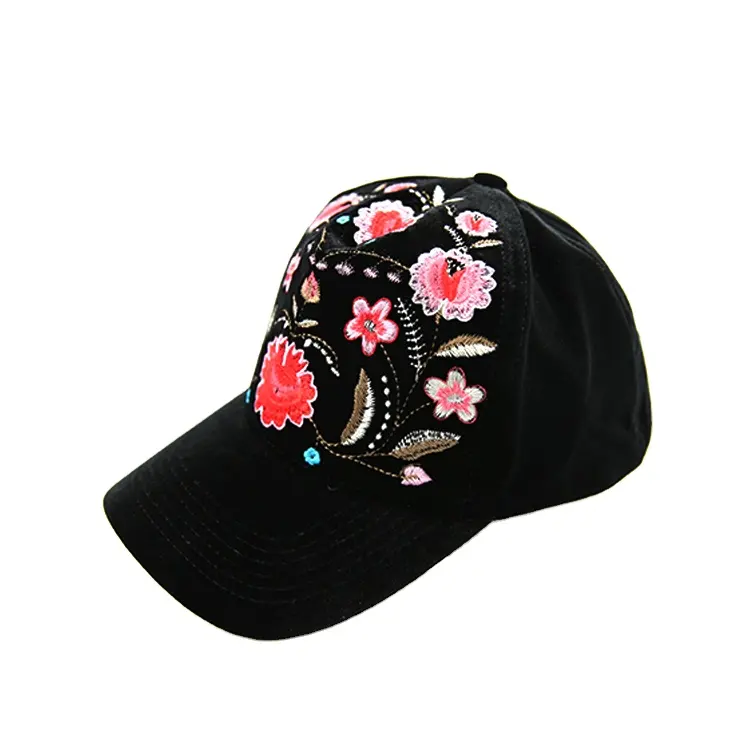 Özel bayanlar işlemeli kadife siyah çiçek beyzbol şapkası korkak Vintage pamuk düşük profil beyzbol şapkası