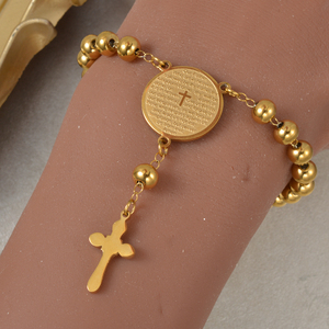 Western Geometric Gold Plated Smooth Ball Rosary Cross Prayer Scripture Coin Adjustable 316L Stainless Steel Women's <b>Bracelet</b> - Product Image 2