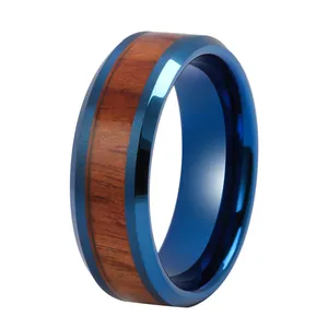 แหวนแต่งงานทังสเตนคาร์ไบด์สีดำด้านบนแบน8มม. พร้อมแหวนทังสเตน Koa สำหรับผู้ชาย