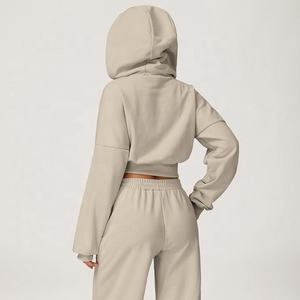 女式棉健身慢跑裤2pcs休闲运动服运动服连帽衫裁剪上衣运动裤运动套装 - Product Image 5