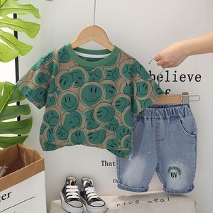 Yeni varış moda pamuk kısa kollu tişört Denim şort karikatür erkek bebek iki parçalı yaz giyim seti - Product Image 2
