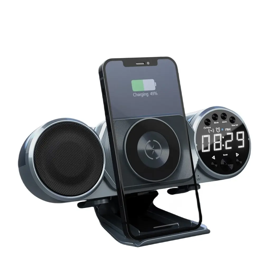 Nuovo arrivo tutto in uno 8 in 1 10W Hifi qualità del suono Wireless caricatore altoparlante con sveglia telefono Stand e atmosfera di luce