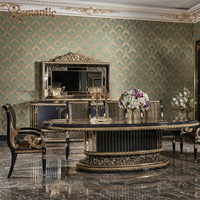 Ensemble de salle à manger de luxe noir et or élégant, table en bois sculpté à la française, buffet, armoire miroir, pour grande salle à manger, usage hôtelier