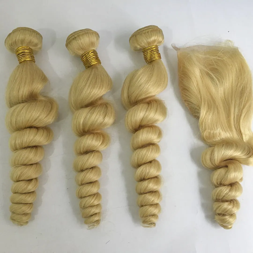 Sınıf 13A 613 sarışın gevşek dalga brezilyalı toptan fiyat perulu saç dantel kapatma ile işlenmemiş insan saçı demetleri