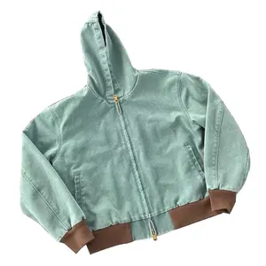 OEM Wholesale Custom High Quality Canvas Bomber Jacket Men Streetwear Hooded Faded Washing Hoodie Jacket Unisex
