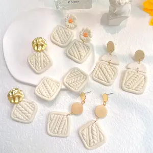 Vintage High Quality Beige Creative Hand Woven Claymade Earrings Handmade Geometric Cute Clay Polymer Earrings