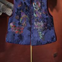Nouveau gilet à col montant en soie satinée Xiangyun bleu Koi avec broderie lourde pour femme, style printemps-automne 5913