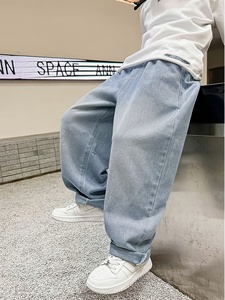 Pantalon en jean surdimensionné à jambe large pour garçon avec taille élastique et imprimé de lettres en V (V-), pantalon décontracté sans ceinture pour adolescent - Product Image 4