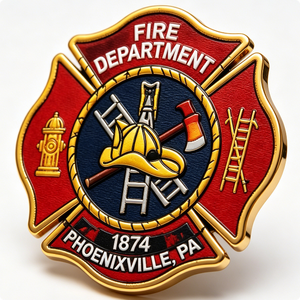 Phoenixville Fire Department 1874 PA Gold Plated Zinc Alloy Enamel <b>Badge</b> Emblem Collectible Art - Product Image 1