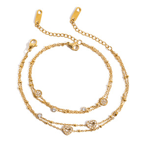 Bracelet fin à breloques pour femme, plaqué or 18 carats, double chaîne, motif cœur, bijoux à porter au quotidien, acier inoxydable, fermoir QT - Product Image 5