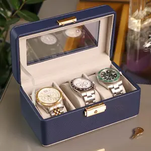 Высококлассная коробка для часов, роскошная коробка для часов с закругленными углами, коробка для упаковки из искусственной древесины с 3 слотами, подарочная коробка