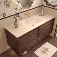 Meuble-lavabo mural moderne en contreplaqué avec plateau en pierre frittée, lavabo en céramique, miroir LED, 6 tiroirs, fabrication OEM ODM sur mesure