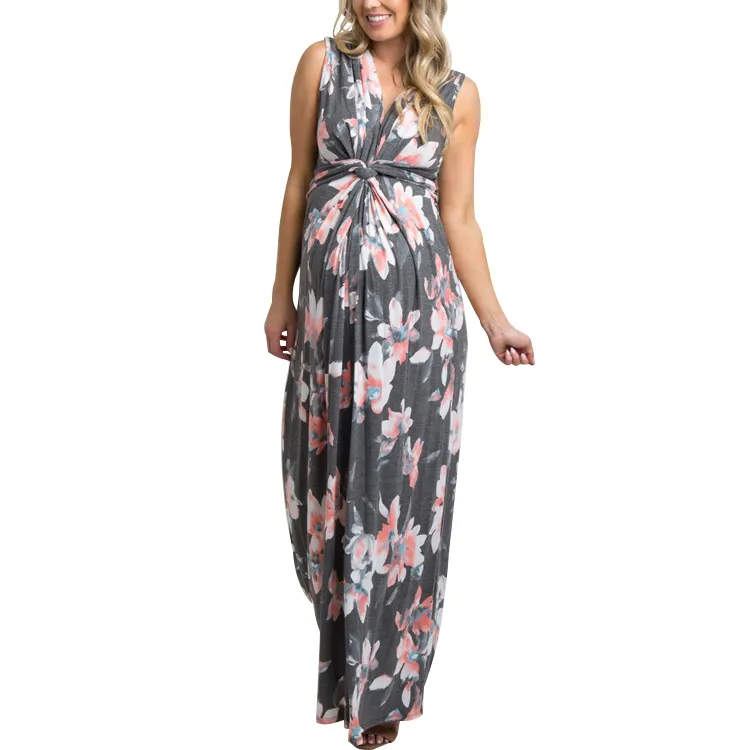 Factory charcoal grey floral sleeveless knot front maternity maxi dress