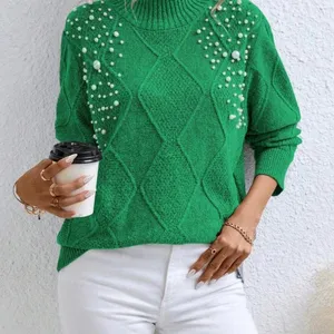 トップファッションラウンドネック長袖セーター卸売サプライヤー高品質ニットビーズパールセーター女性用