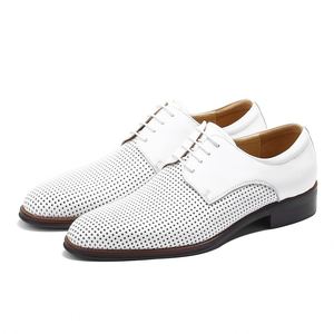 Chaussures Oxford en cuir véritable pour hommes, blanches, bout rond, respirantes, chaussures de bureau d'été, à lacets, semelle en caoutchouc - Product Image 1