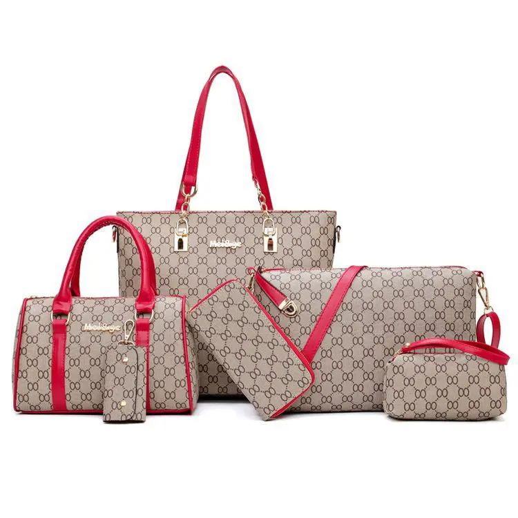 6PCS Women Tote Set Fashion PU Leather Ladies Handbag 8 words Print Messenger Shoulder Bag Wallet Bags