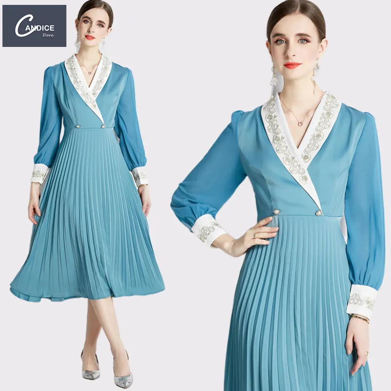 Candice spring turn-down collar embroidery blue pleated elegant women casual dresses high quality