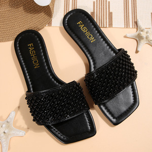 <strong>Black</strong> Pearl Square Toe Flat Bottom <strong>Slippers</strong> For Women 2026 Summer New Arrival Outwear Casual Beach Sandals For Women - Product Image 5