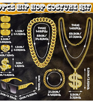 Accessoires pour enfants des années 80 et 90, kit de costume hip-hop, bracelet en chaîne de corde dorée factice, chaîne avec symbole du dollar pour hommes