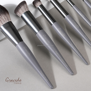 Ensemble de pinceaux de maquillage pour le visage et les yeux Gracedo Vegan avec manche en bois, poils synthétiques, 10 pièces, personnalisable, étiquette privée, gris - Product Image 3